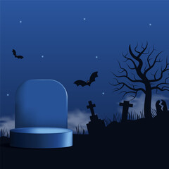 Square Halloween template with podium, bats, graveyard and night sky. Perfect spooky background with place for text. Vector illustration