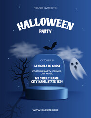 Happy Halloween party invitation banner. Holiday event card for holiday template with podium, bat, tree, ghost flat style dark blue background. Vector illustration