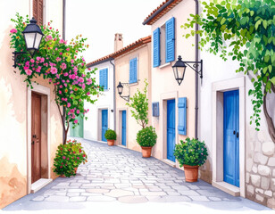 Watercolor painting of a charming European street. Cobblestone path, colorful flowers, blue doors and shutters. Warm, inviting, and picturesque.