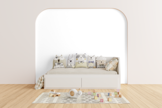 Children's Bed with Animal Pillows in Cozy Room Transparent Background Interior Scene – Transparent Wall Mockup with Realistic Shadows – 3D render