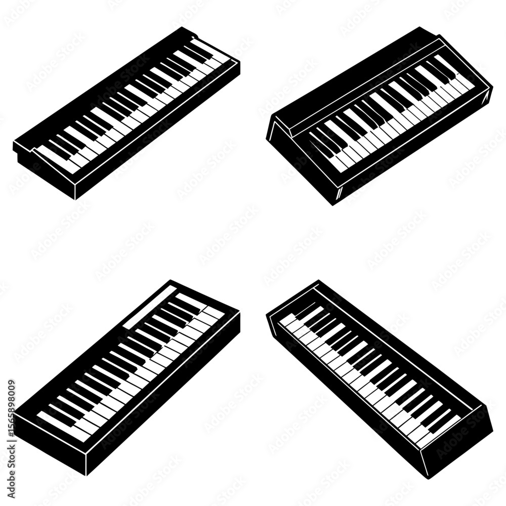 Aufkleber isometric view of four black and white keyboard instruments arranged on a white background space art