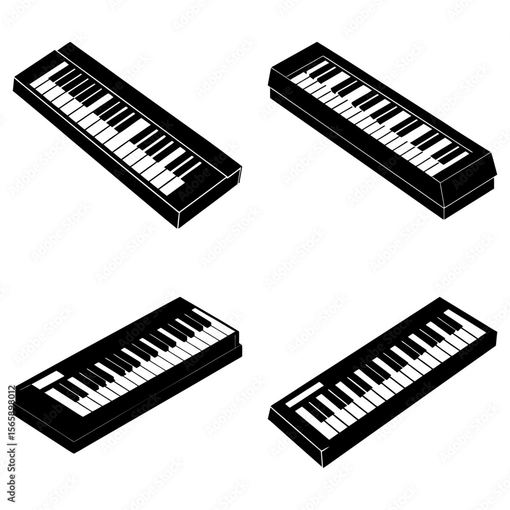 Poster isometric view of four black and white keyboard instruments arranged on a white background surface