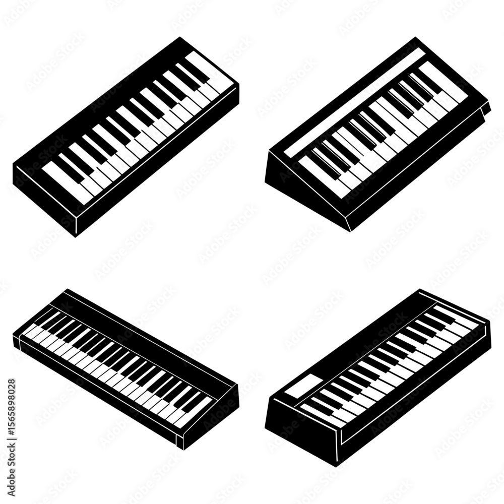 Aufkleber four isometric black and white keyboards with keys displayed on a white background layout design