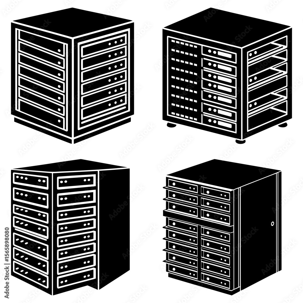 Poster illustration showing four different server racks with multiple shelves in a black and white design s
