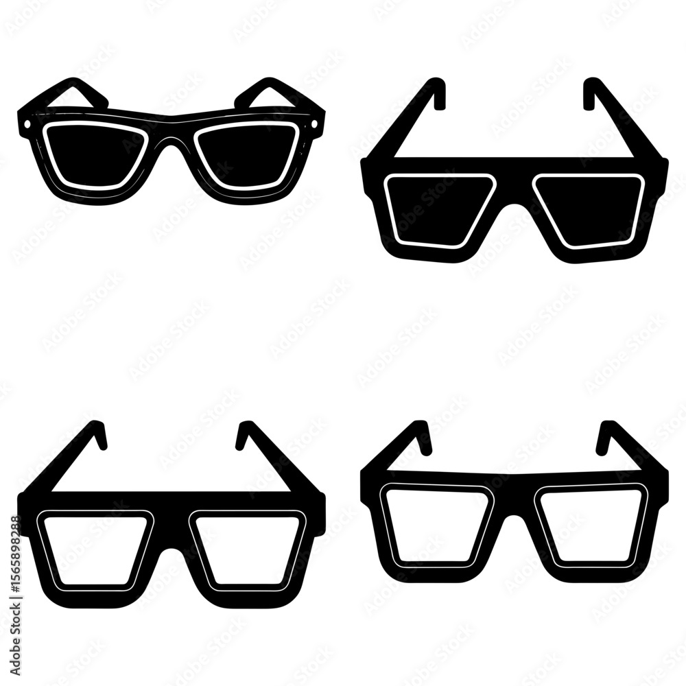 Poster four pairs of sunglasses in black and white with different frame shapes and lens styles displayed
