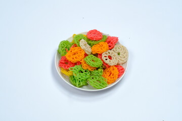 isolated white background original Indonesian raw crackers, uncooked crackers, usually used as an ingredient for making seblak