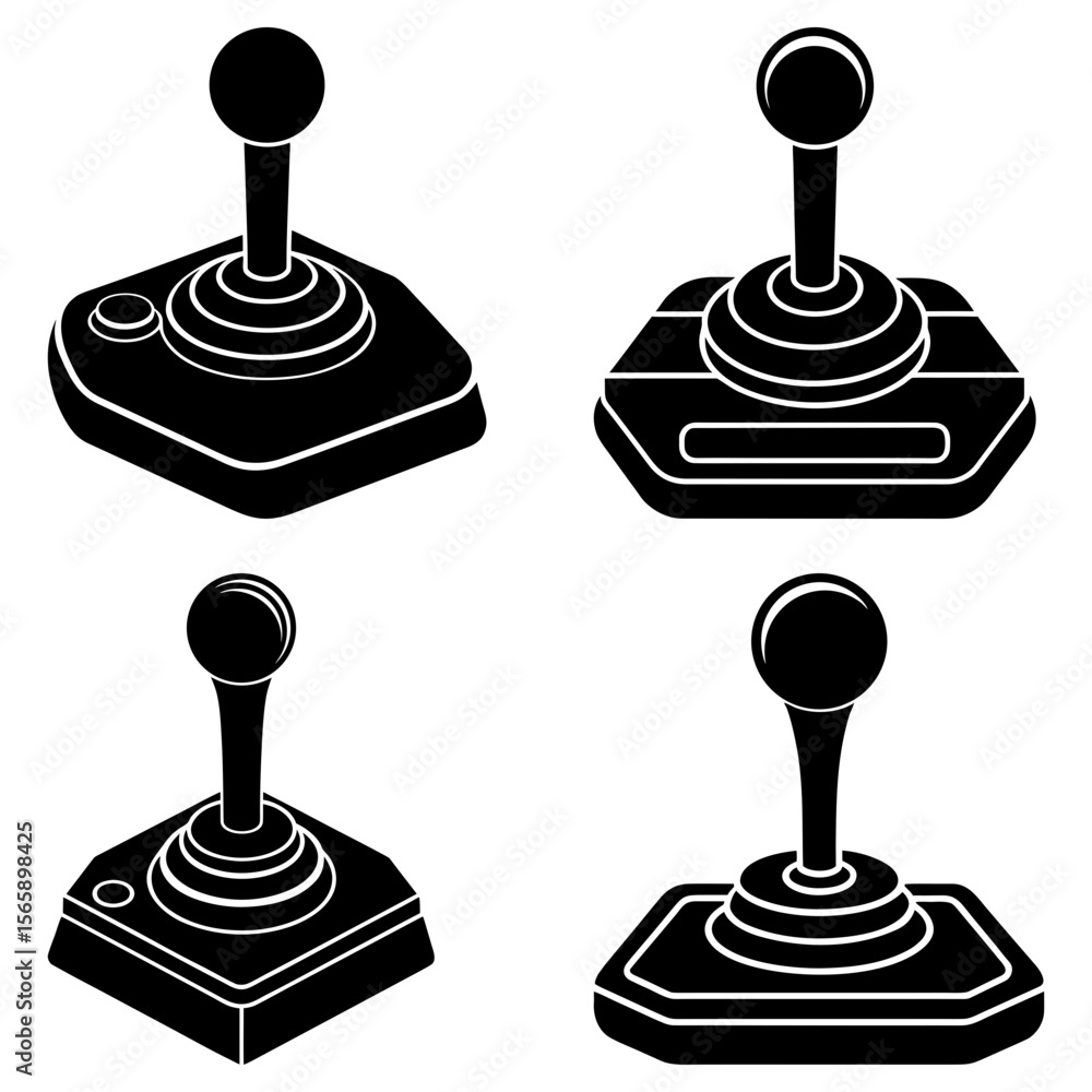 Poster four black and white joystick illustrations with varying base and button designs displayed symmetric