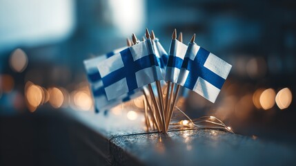 Celebrating Finnish Independence Day with miniature flags glowing amidst warm bokeh lights conveying festive national