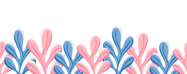 Vector marine border with pink and blue plants at the bottom. Ideal for packaging, fabric, stationery and ocean themed collections