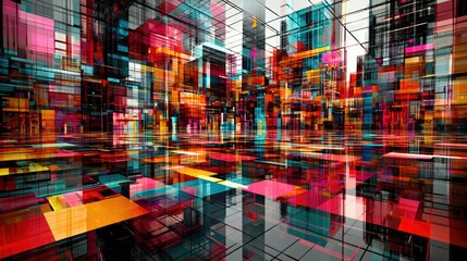 Obraz premium Vibrant urban abstract art installation modern cityscape digital artwork colorful environment aerial view contemporary concept 