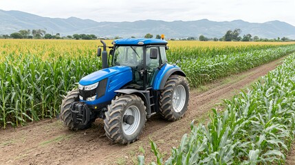Obraz premium Blue tractor on dirt road between green crops with mountains in background.