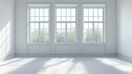 Fototapeta premium Bright room with three large windows and white floors, bathed in morning sunlight