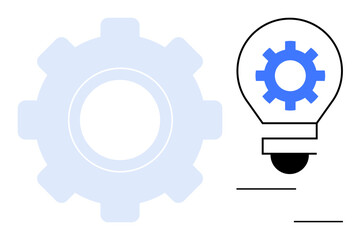 Light bulb with gear symbolizing innovation paired with large gear icon for process. Ideal for creativity, technology, strategy, mechanics, teamwork, problem-solving, entrepreneurship. Simple flat
