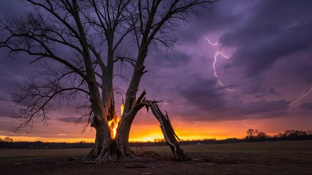 Dramatic sunset with lightning behind a large tree