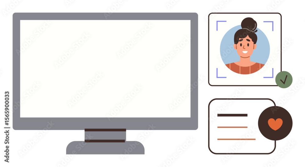 Poster computer monitor, user photo in a verification frame with a checkmark, and text box with a heart ico