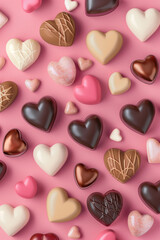 Fototapeta premium Top view of heart-shaped chocolates in brown and white on pastel background
