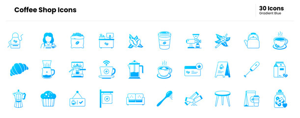 Coffee shop icon set. coffee, cup, mug, cafe, barista, espresso, latte, cappuccino, brew, roast, bean, grinder, machine, moka. Vector gradient blue icon illustration