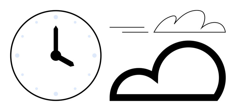Analog clock with moving clouds suggesting time, speed, and efficiency. Ideal for themes thumbs up time management, productivity, efficiency, speed, deadlines schedules and focus. Simple flat