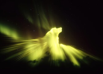 Vibrant yellow beam creating abstract aurora pattern resembling bird head silhouette against grainy dark backdrop, vintage film aesthetic with dramatic monochrome lighting.