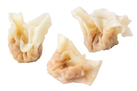 Three cooked hand-wrapped Chinese wontons on white background.