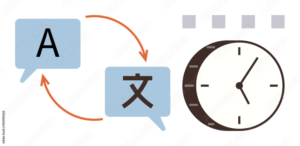 Poster two speech bubbles with language symbols connected by arrows emphasize translation. clock symbolizes