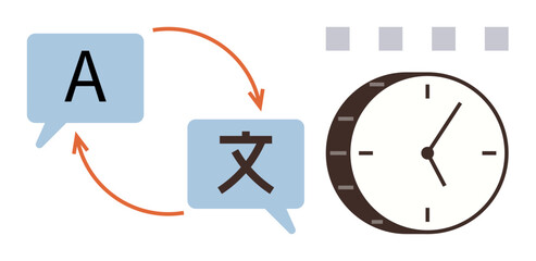 Two speech bubbles with language symbols connected by arrows emphasize translation. Clock symbolizes efficiency and time. Ideal for communication, localization, teamwork, language learning © robu_s