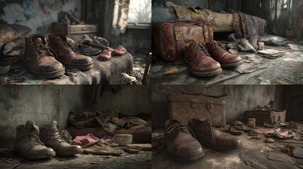 Four panels of abandoned, dusty rooms, showing worn shoes, luggage, and debris.  A post-apocalyptic or ruined home setting