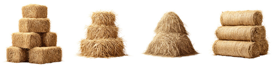 Stacked hay bales and piled straw bundles isolated transparency background, natural farming elements with warm golden color
