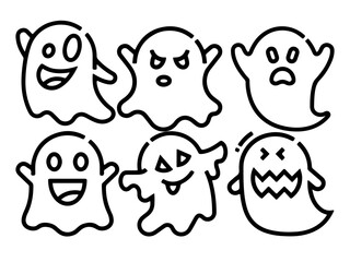 Cute Halloween Ghost Icons in Line Art Style