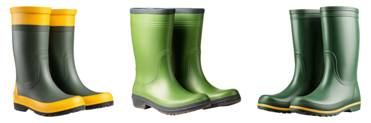 Rubber boots in yellow and green colors for farm or outdoor use, durable and practical footwear for wet conditions