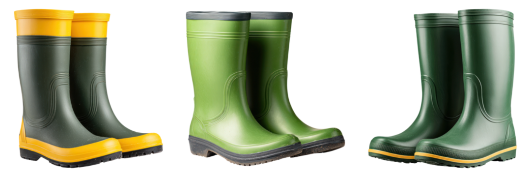 Rubber boots in yellow and green colors for farm or outdoor use, durable and practical footwear for wet conditions