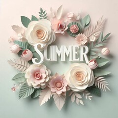 A soft, elegant Mother's Day floral arrangement in pastel tones, featuring the word 'SUMMER' in large, 3D-style text at the center. 