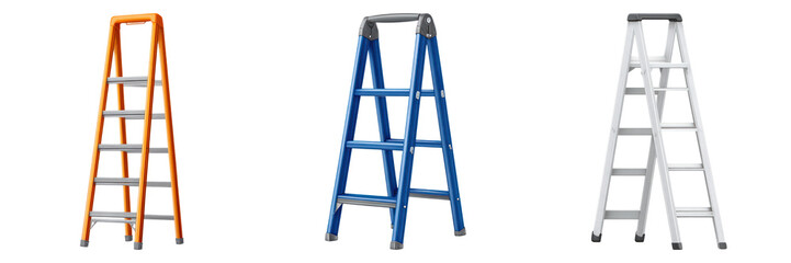 Step ladder orange blue white foldable multipurpose tool for handyman use with metal steps and rubber feet