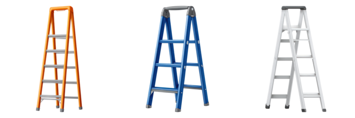 Step ladder orange blue white foldable multipurpose tool for handyman use with metal steps and rubber feet