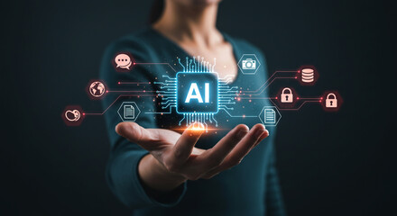 Fototapeta premium Woman Presenting Glowing AI Chip with Connected Icons, Representing Data, Security