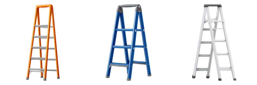 Step ladder orange blue white foldable multipurpose tool for handyman use with metal steps and rubber feet