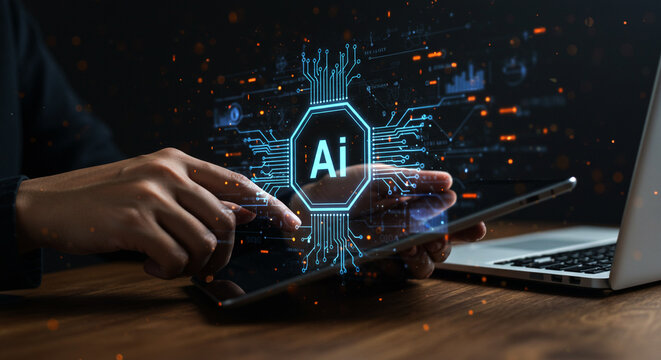 Artificial Intelligence Interface on Tablet Screen with Circuit Board Design, Data Visualization, and Laptop Computer on Wooden Desk for Technology and Innovation