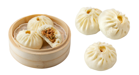 Chinese steamed buns (baozi) stuffed with meat on white background.