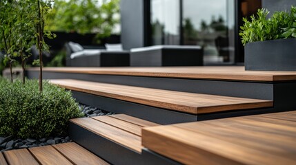 Modern outdoor wooden deck stairs