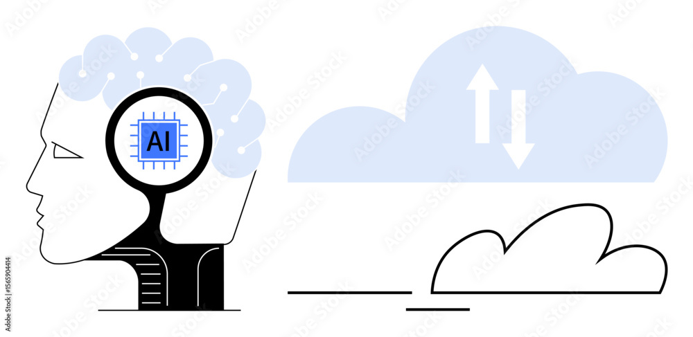 Poster human profile with ai chip in brain connected to a cloud icon with bidirectional arrows. ideal for a