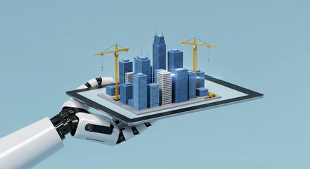 Obraz premium Robotic Arm Holding Tablet Displaying a Miniature Cityscape with Skyscrapers and Construction Cranes, Representing Future Urban Development and Technological Integration