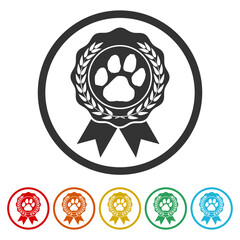 Pet paw award ribbon icon. Set icons in color circle buttons