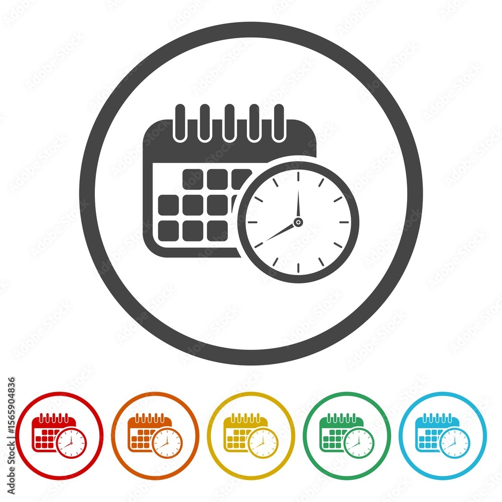 Poster calendar and clock icon. set icons in color circle buttons
