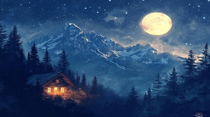 Moonlit Cabin in Snowy Mountains