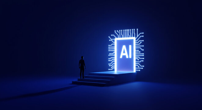 Man Ascending Steps Towards Glowing AI Portal, Representing the Future of Artificial Intelligence and Technological Advancement in a Dark Blue Futuristic Environment