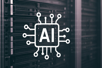 Artificial Intelligence Concept with AI Symbol Overlayed on Server Racks, Representing Data Processing, Machine Learning