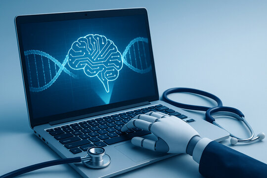 Robotic Hand Typing on Laptop Displaying Brain Circuitry and DNA Helix, Medical Technology and Artificial Intelligence in Healthcare, Blue Tones