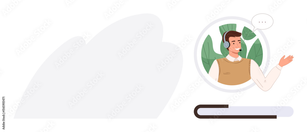 Poster smiling call center agent with headset and chat bubble in circular frame beside blank space on moder