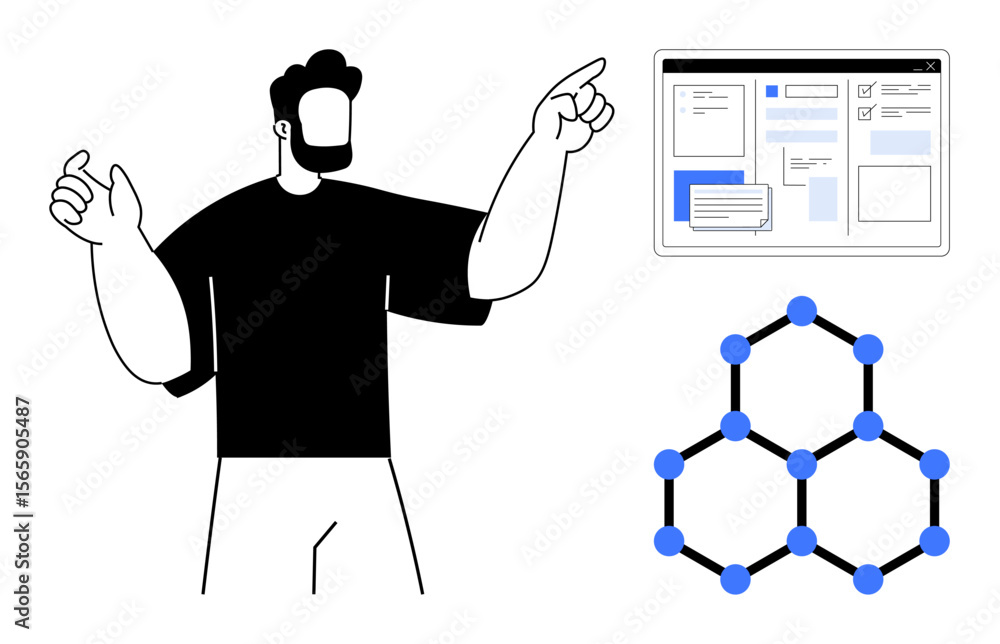 Poster man gestures toward molecular structure and browser-thumbs up interface with text and graphics. idea