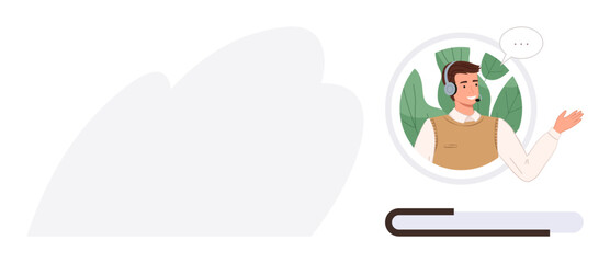 Smiling call center agent with headset and chat bubble in circular frame beside blank space on modern background. Ideal for communication, customer service, digital support, teamwork, technology